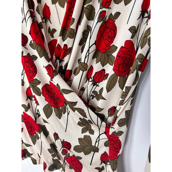 Doncaster Womens Floral-Print V-Neck Faux Wrap Blouse Top Romanticvibe Red Cream - Picture 3 of 8